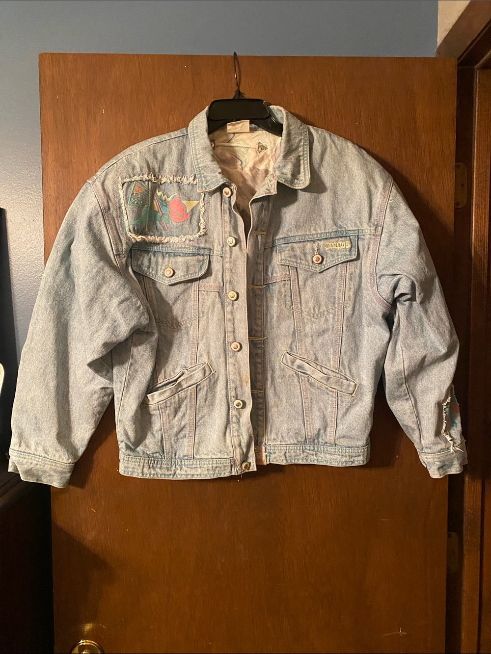 Vintage 80s Major Damage Light Blue Denim Jacket with Embroidery